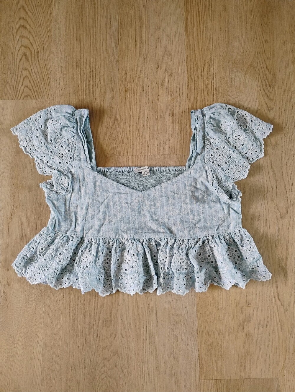 American Eagle Outfitters Light Blue Eyelet Ruffle Crop Top 100% Cotton